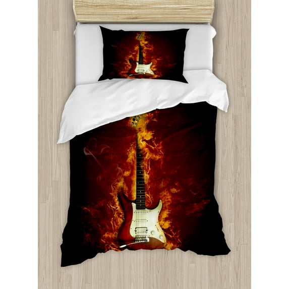 Guitar Duvet Cover Set Twin Size, Electric Guitar in Flames Burning Fire Hardrock Musical Creativity Concept, Decorative 2 Piece Bedding Set with 1 Pillow Sham, Maroon Orange Black, by Ambesonne