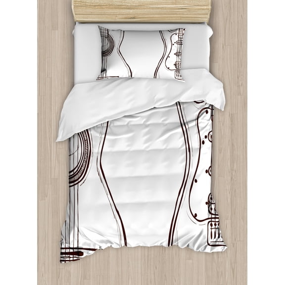 Guitar Duvet Cover Set Twin Size, Hand Drawn Monochrome Doodle Illustration of Instruments of Two Kinds Music, Decorative 2 Piece Bedding Set with 1 Pillow Sham, Dark Brown White, by Ambesonne