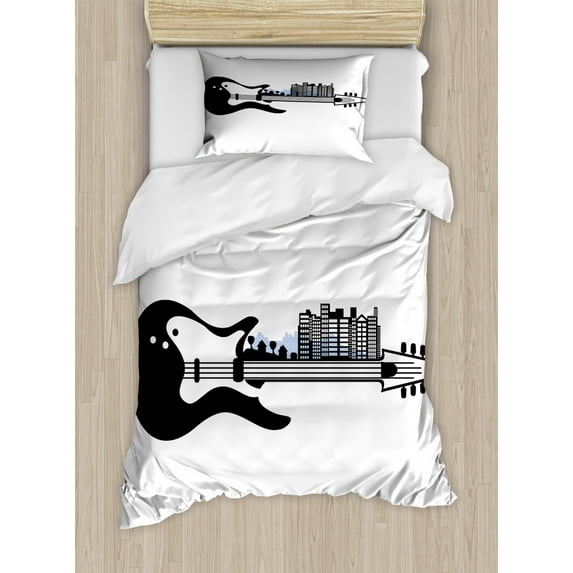Guitar Duvet Cover Set Twin Size, Modern Illustration of a Musical Instrument and City Skyline Rock and Roll, Decorative 2 Piece Bedding Set with 1 Pillow Sham, Charcoal Grey White, by Ambesonne