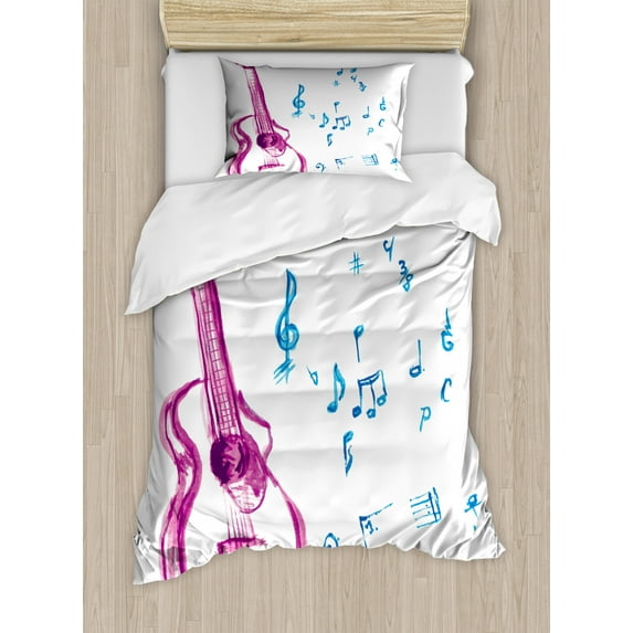 Guitar Duvet Cover Set Twin Size, Watercolor Musical Instrument with Notes Sheet Elements Brush Stroke Effect, Decorative 2 Piece Bedding Set with 1 Pillow Sham, Magenta Blue White, by Ambesonne