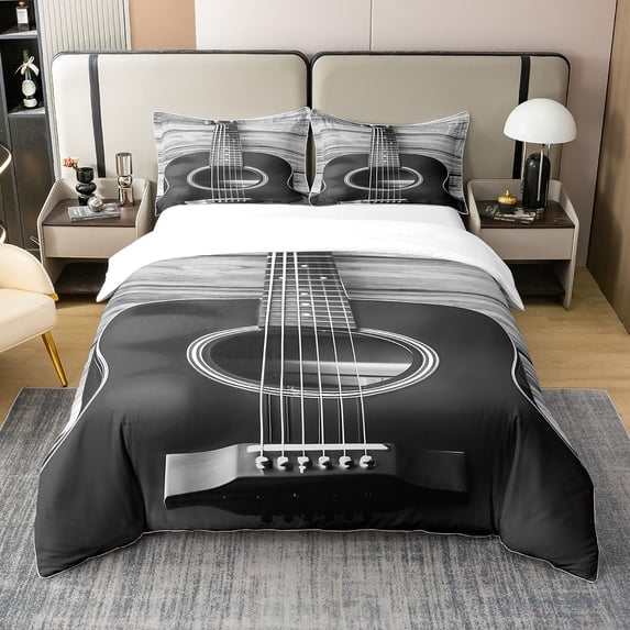 Guitar Duvet Cover Twin Music Theme Bedding Teens Adult, Vintage Guitar on Wooden Floor Comforter Quilt Cover, Room Modern Decoration 2 Pcs Bed Set with 1 Pillowcase Grey