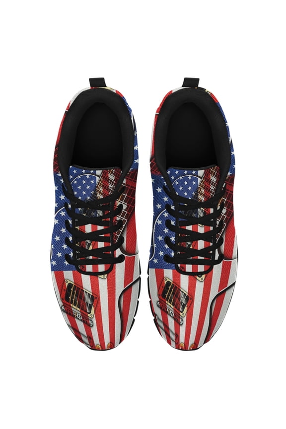 Guitar Electric American Flag Running Shoes Sneakers Mesh Black Size 8.5