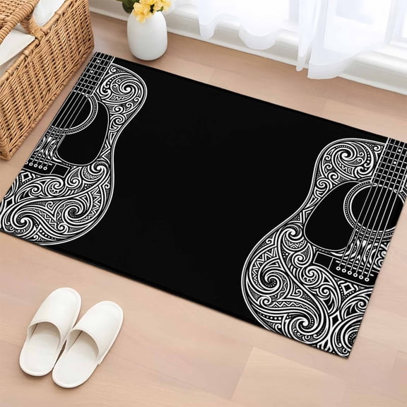 Guitar Entryway Rug 2'x3' Abstract White Vine Lines Boho Guitar Black Small Area Rug Non-Slip Front Door Mat Washable Floor Carpet for Indoor Entrance Kitchen Bathroom
