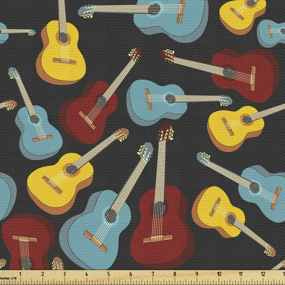 Ambesonne Guitar Fabric by the Yard Upholstery, Folk Flamenco Retro, 1 Yard, Multicolor