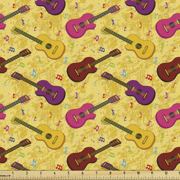 Ambesonne Guitar Fabric by the Yard Upholstery, Musical Instrument and Notes, 1 Yard, Mustard and Multicolor