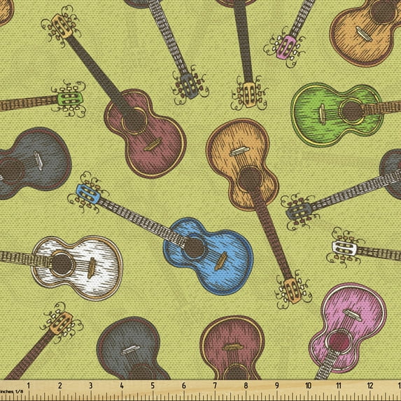 Ambesonne Guitar Fabric by the Yard Upholstery, Acoustic Guitars Sketch, 1 Yard, Multicolor