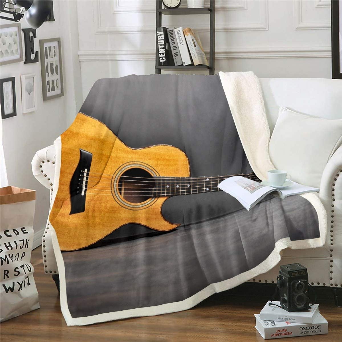 Guitar Fleece Blankets for Kids Adults Rock Music Theme Plush Blankets