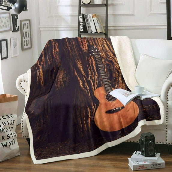 Guitar Fleece Throw Blanket Music Themed Plush Blanket for Sofa Couch Musical Pattern Sherpa Blanket Retro Guitar Instruments Print Warm Fuzzy Blanket Bed Decor 40"x50"