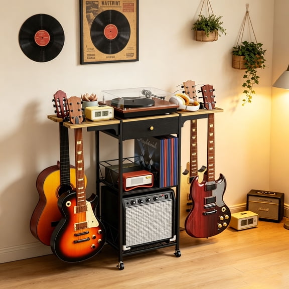 Guitar Floor Stand for Acoustic/Electric/Bass, 3-Tier Storage Rack with Amp Stand, Slide-Out Drawer & Rolling Wheels, Holds Up to 4 Guitars ( 1 Package)