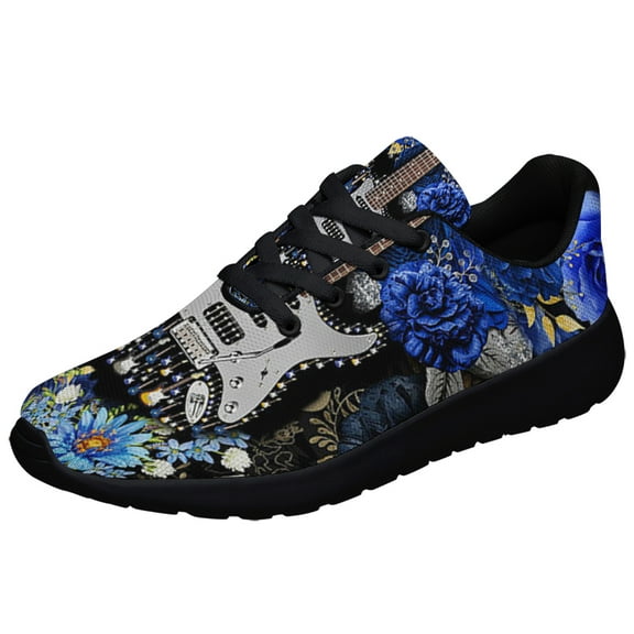 Guitar Floral Shoes Sneakers for Women Men Black Size 8