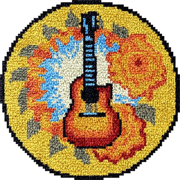 Guitar & Flowers Latch Hook Round Rug Kits Set for Starter Crochet Hook Cushion Floor Mat Sofa Seat Cushion Crocheting Kits with Preprinted Canvas Crochet Yarn Rug Kits 50X50cm (y7)