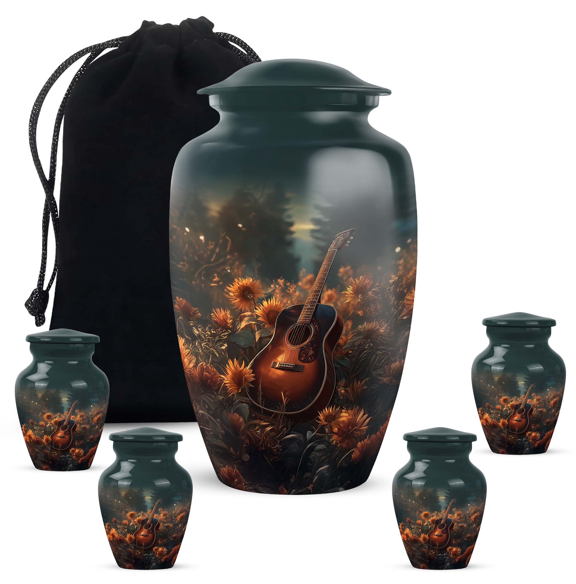 Guitar Funeral Urns For Human Ashes Adult Mom And Dad - Green Cremation Urn For Human Ashes Adult Female And Male - Sunflower Keepsake Urns For Grandmother 10 Inch, 1 Large & Mini Set 4, 3 Inch