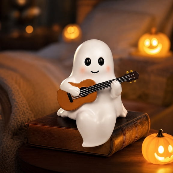 Guitar Ghost Figurine, Halloween Rock Theme Desk Ornament, Spooky Electric Guitar Statue for Courtyard & Party Decor, Gift for Music Lovers​