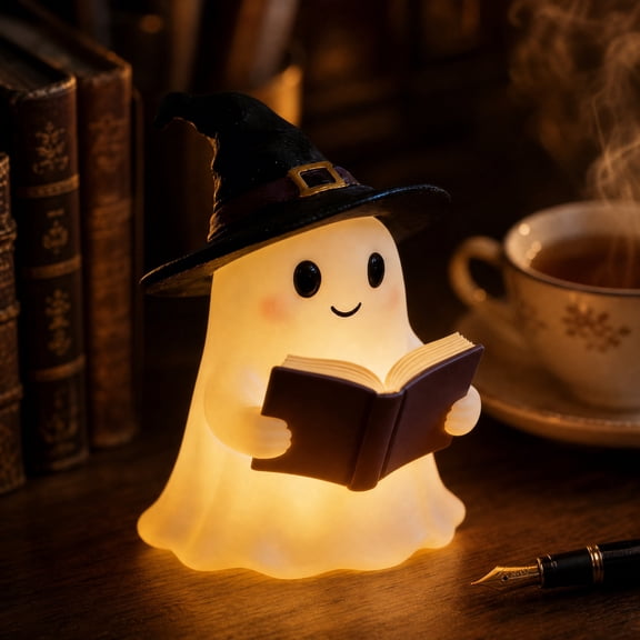 Guitar Ghost Glow Lamp Halloween Decor, Witch Hat Ghost Figurine Night Light, Warm Ambient Tabletop Ornament for Bedroom Indoor Halloween Decor