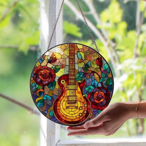 Guitar Glass Suncatcher, Musical Instrument Window Art, Music Lover Studio, 3.5 in