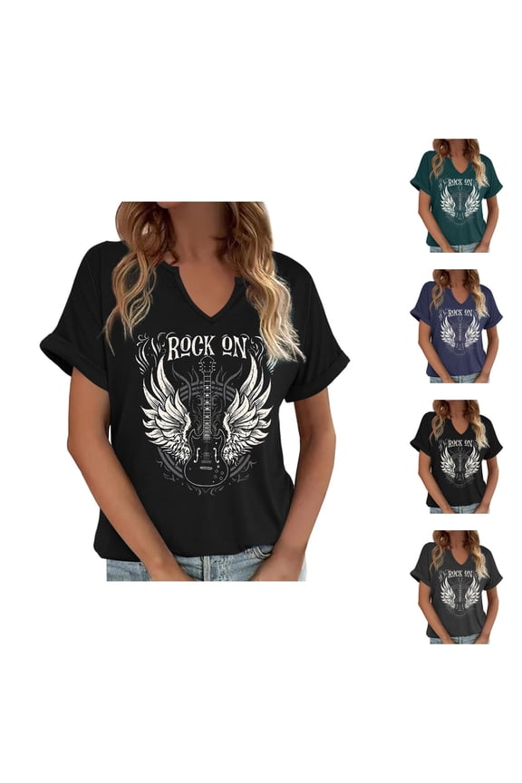 Guitar Graphic Tees for Women 2026 Summer Casual Short Sleeve V Neck T Shirts for Guitar Player Rock Music Lovers