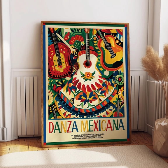 Guitar Illustration Artwork - Mexican Music & Dance Wall Art – Danza Mexicana Print – Folk Art Cultural Poster Wall Art, Modern Wall Decor, 8x12 UNFRAMED