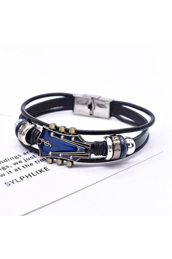 Guitar-Inspired Leather Bracelet with Alloy Accents, ZzCityTK Adjustable Music Jewelry for Men Women, Handmade Italian Leather Wristband Gift for Musicians Guitarists
