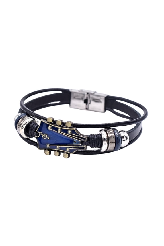 Guitar-Inspired Leather Bracelet, Stylish Music Jewelry, Features Miniature Guitar String Accents, Perfect for Music Lovers and Musicians, Ideal for Everyday Wear
