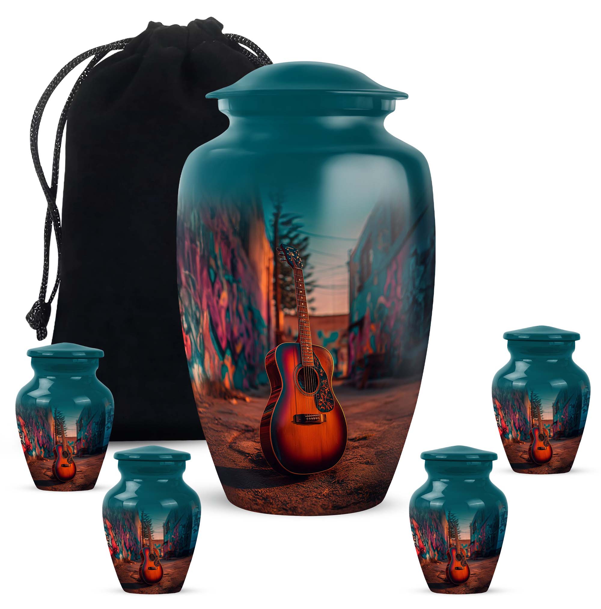 Guitar Keepsake Cremation Urns For Ashes Adult Female Mom And Dad - Pink Urns For Human Ashes Male And Female, 1 Large 10 Inch, With 4 Keepsake Set, 3 Inch - Blue Urn For Boy & Girl