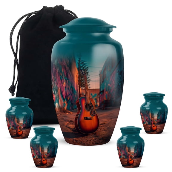 Guitar Keepsake Cremation Urns For Ashes Adult Female Mom And Dad - Pink Urns For Human Ashes Male And Female, 1 Large 10 Inch, With 4 Keepsake Set, 3 Inch - Blue Urn For Boy & Girl