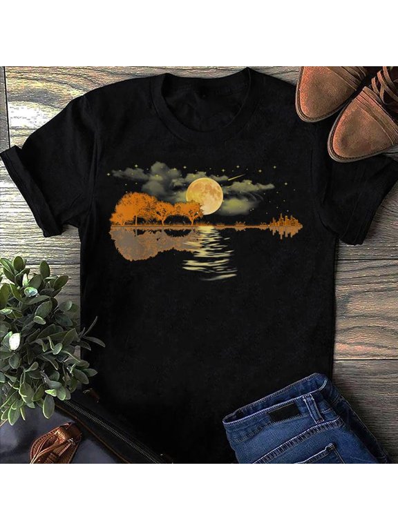 Guitar Lake Reflections Shirt Musician Graphic T-Shirt, Nature Music Lover Tee, Guitar Player Gift