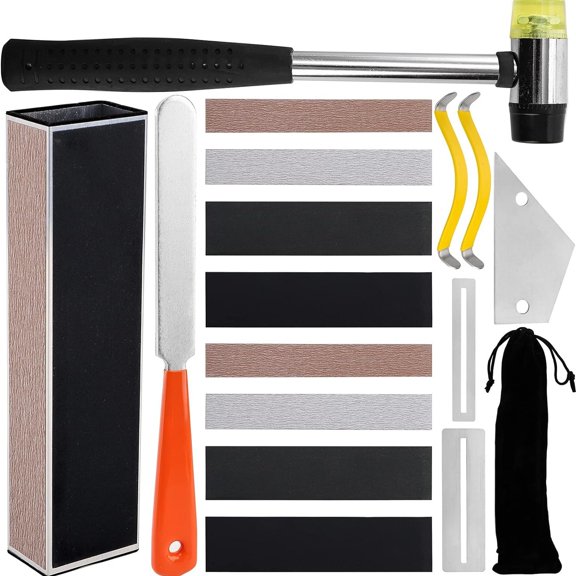 Guitar Luthier Tool Set, Fret Rubber Hammer, Fret Crowning File, Fret Leveling Beam Sanding Leveler Beam, Fret Rocker, Fingerboard Guards, String Spreaders for Guitar Bass