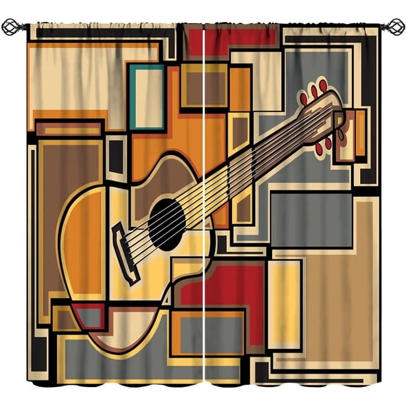 Guitar Music Curtains Abstract Geometric Musical Theme Art Printed Rod Pocket Blackout Window Drapes for Living Room Kitchen Cafe Décor W42xL54in 2 Panels