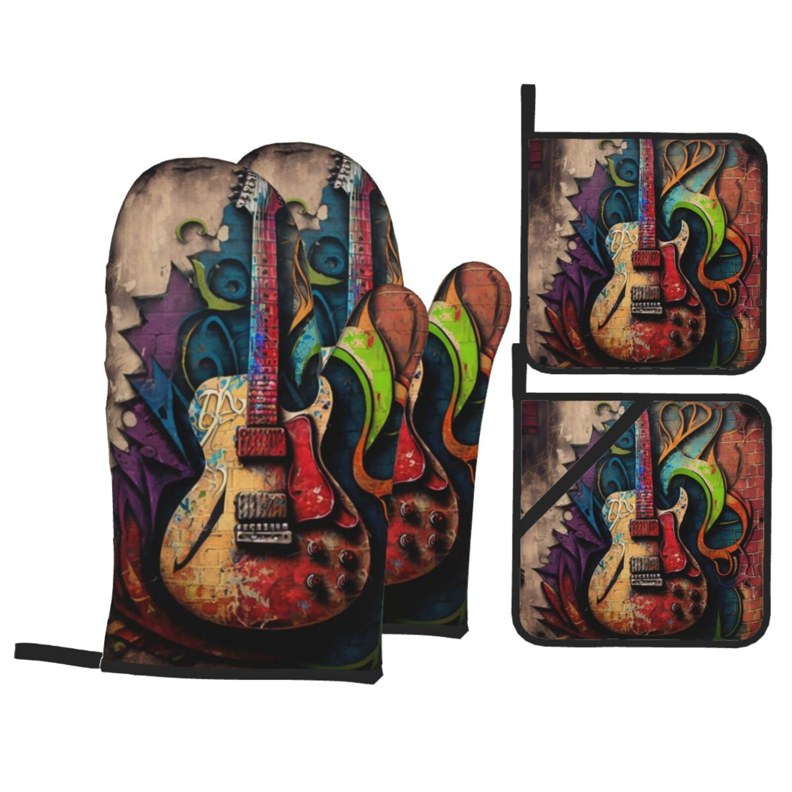 Guitar Music Graffiti Street Wall Art 4Pcs Oven Mitts and Pot Holders Sets Oven Kitchen Gloves Hot Pads for Cooking BBQ Baking Grilling