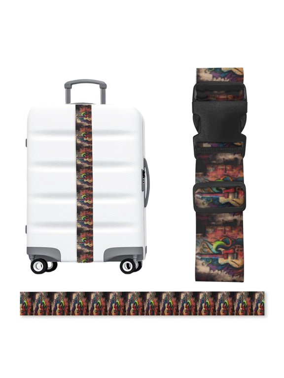 Guitar Music Graffiti Street Wall Art Adjustable Luggage Strap, 2-Inch Wide Heavy-Duty Suitcase Belt, Buckle Travel Bag Securing Band