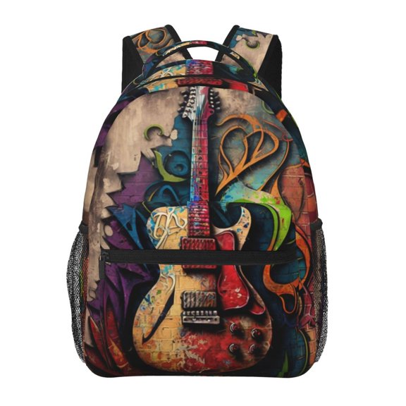 Guitar Music Graffiti Street Wall Art Backpack Casual College Bag Zipper Laptop Daypack Hiking Rucksack Travel