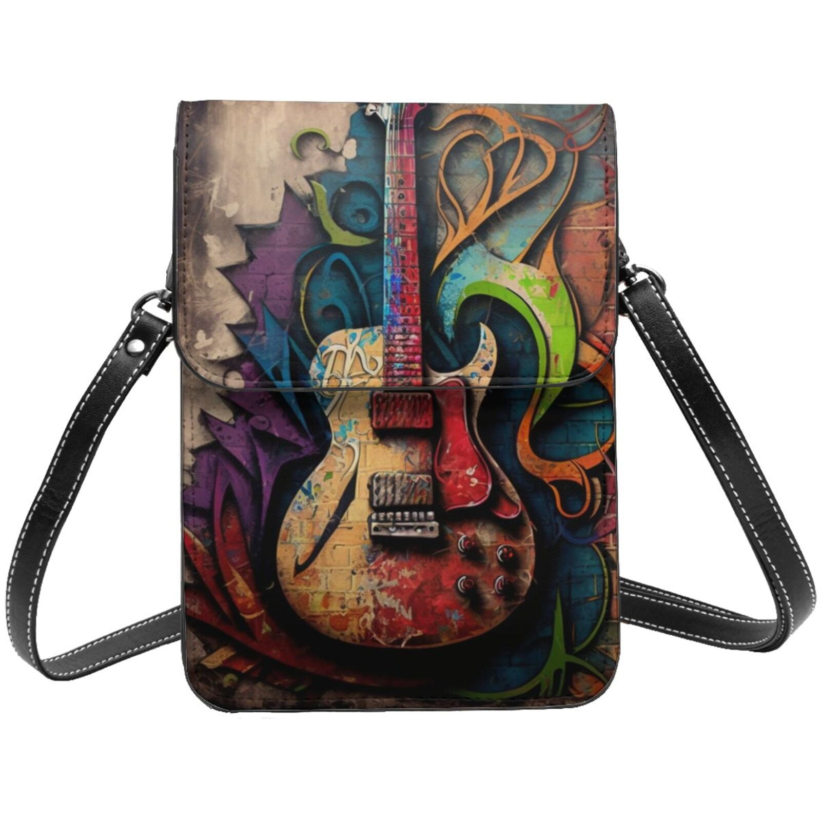 Guitar Music Graffiti Street Wall Art Cell Phone Purse Small Crossbody Bag with Strap Credit Card Slots Leather Shoulder Wallet for Women