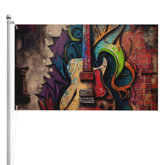Guitar Music Graffiti Street Wall Art Double Sided Flag 3x5FT Reversible Garden Flag Outdoor Decor for House, Porch, Lawn, Yard, Indoor Wall, Party Decoration