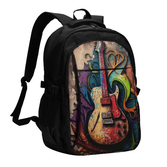 Guitar Music Graffiti Street Wall Art Laptop Backpack with USB Charging Headphone Port Casual Daypack Bag College Business Travel