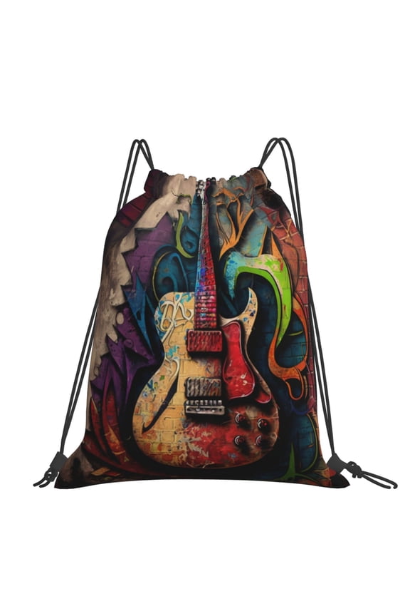 Guitar Music Graffiti Street Wall Art Large Drawstring Backpack Casual Cinch Sack Bag Backpack for Sports Hiking Travel Gym