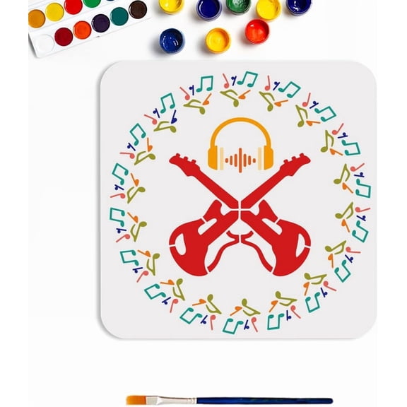 Guitar Music Note Stencil 11.8x11.8inch Reusable Music Theme Template Earphone Audio Pattern PET Hollowing Template Symmetrical Pattern Stencil for Painting Wall Home Decor
