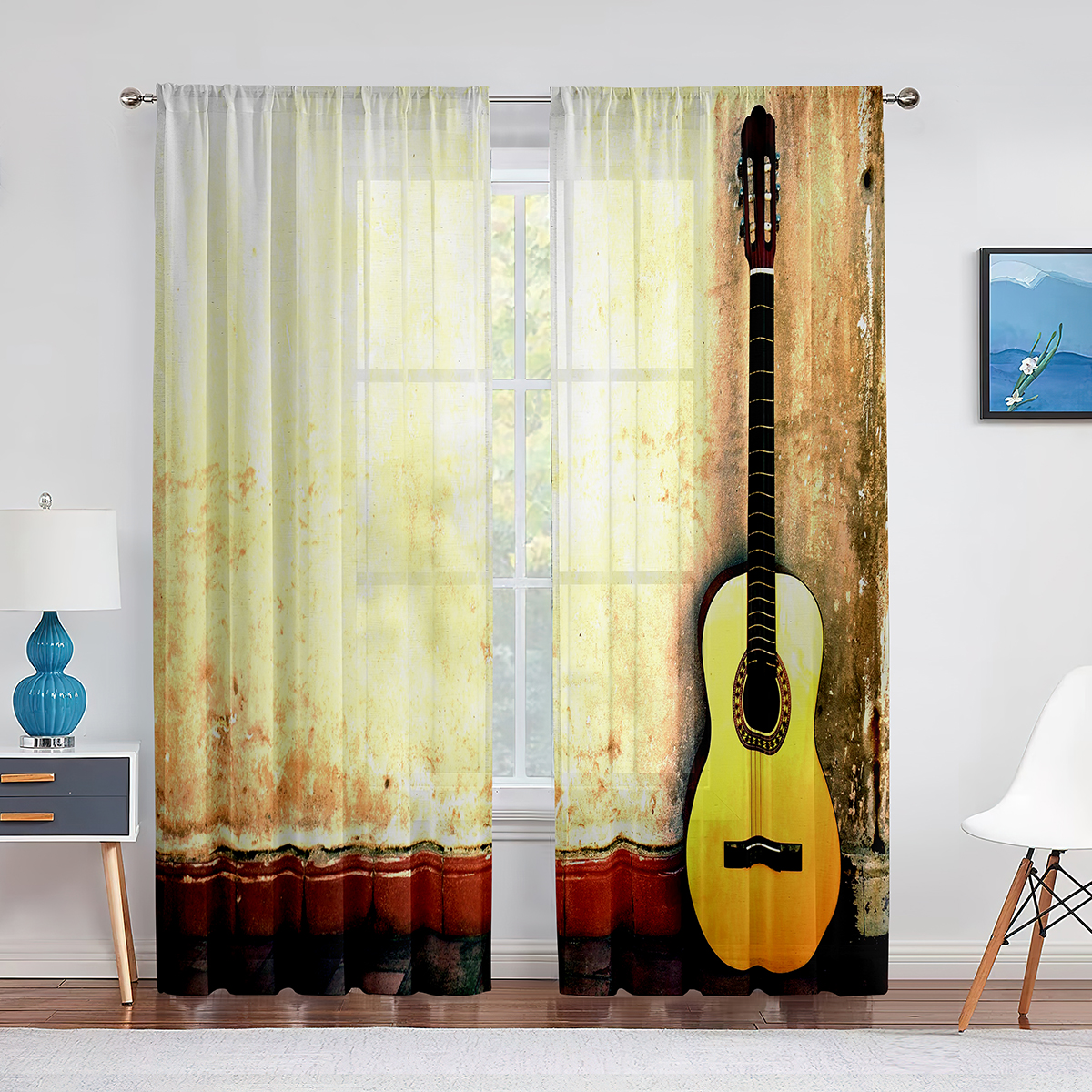 3D Electric Guitar & Music Notes Window Curtains - Teal, Velvet, Grommet Top, 52x84 Inch Per Panel (Set Of 2) - View #11