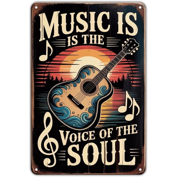 Guitar Music Is The Voice of The Soul tin sign Vintage Guitar Metal Sign Print Aesthetic for Garden Yard Bar Porch Home Bedroom Kitchen Wall Decor Decor Gift 8 x 12 inch