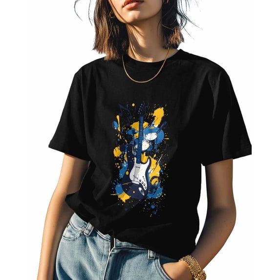 Guitar Music Womens Tshirt Graphic Tees Cotton Crew Neck T-Shirts, Casual Short Sleeve Shirts for Women Teen Girl Graffiti Art