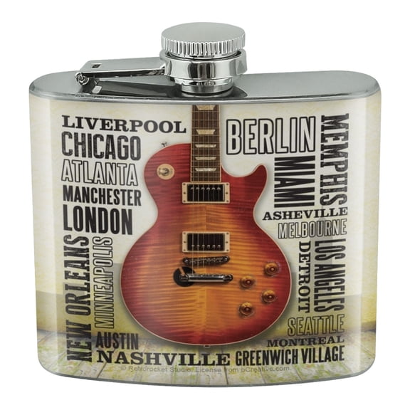 Guitar Music World Cities Stainless Steel 5oz Hip Drink Kidney Flask