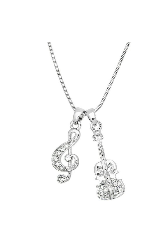 Guitar & Musical Note Pendant Necklace Rhinestone Crystal Rhodium Plated 17 Inch Snake Chain J0455-CR