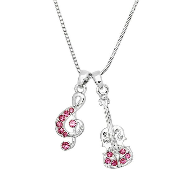 Guitar & Musical Note Pendant Necklace Rhinestone Crystal Rhodium Plated 17 Inch Snake Chain J0455-PK