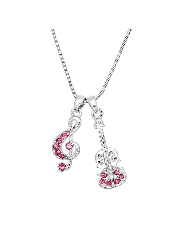 Guitar & Musical Note Pendant Necklace Rhinestone Crystal Rhodium Plated 17 Inch Snake Chain J0455-PK