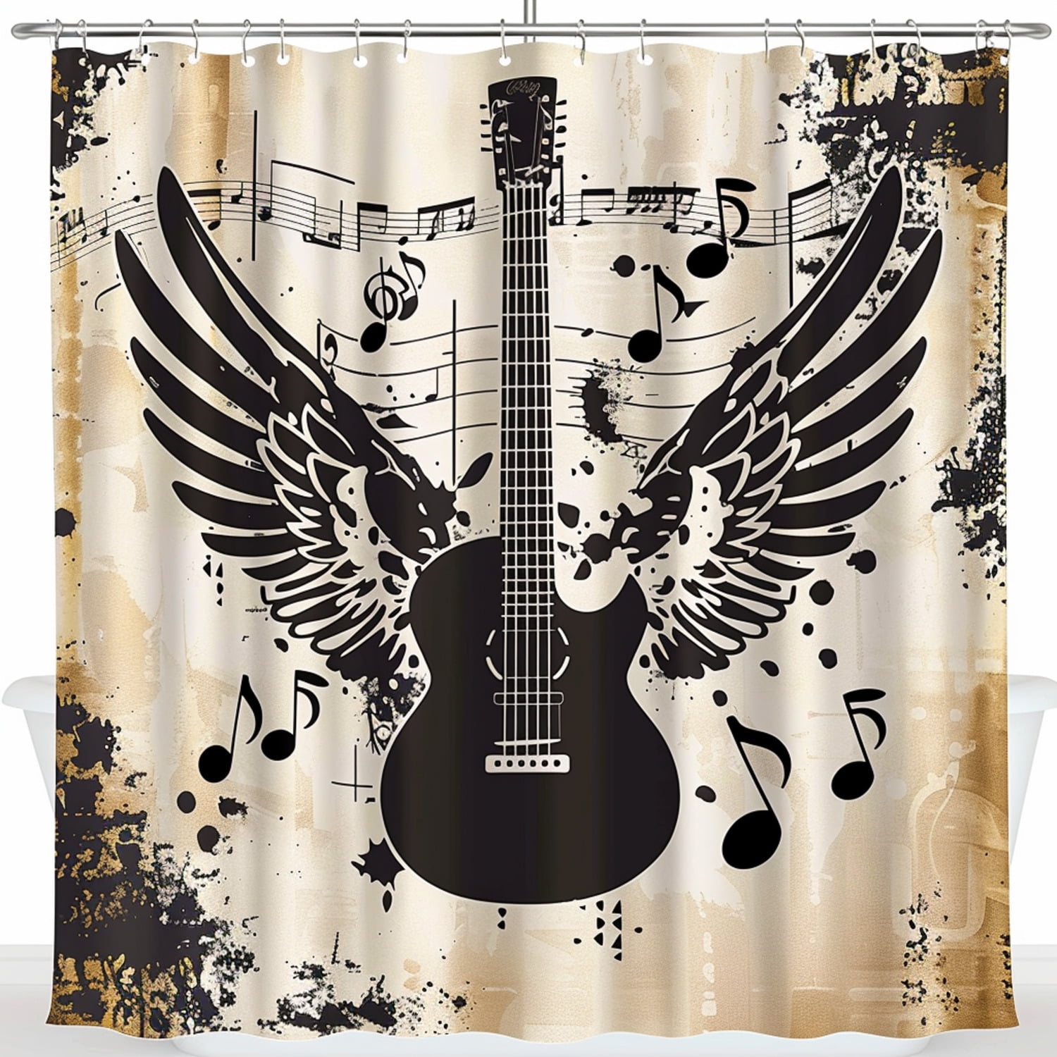 Guitar Notes & Wings Grunge Rock Music Theme Shower Curtain Brown