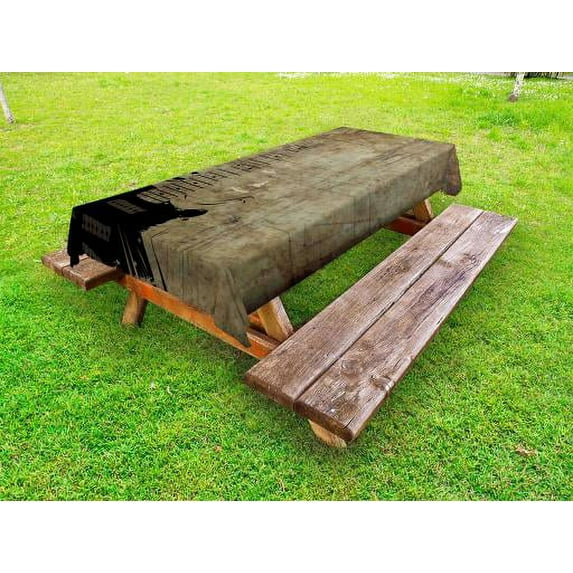 Guitar Outdoor Tablecloth, Faded Instrument Pattern with Vintage Inspired Background with Stained Design, Decorative Washable Fabric Picnic Tablecloth, 58 X 120 Inches, Pale Brown Black, by Ambesonne