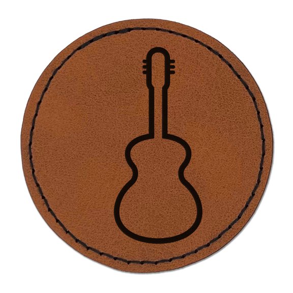 Guitar Outline 2.5" Faux Leather Round Engraved Iron-On Patch - Brown