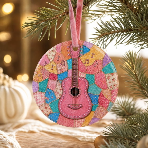 Guitar Patchwork Dolly Memorial Christmas Ornament, Acrylic Hanging Ornament, Stained Patchwork Design, 3.15IN, Gold String Included, Country Music Theme