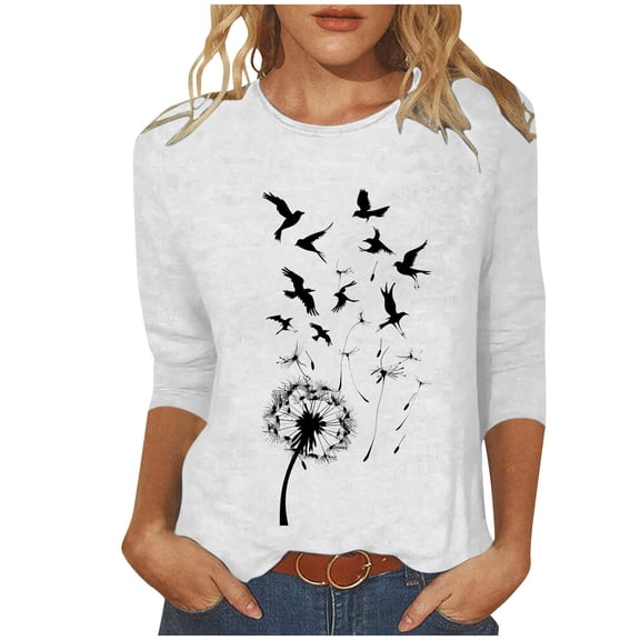 Raeneomay 3/4 Length Sleeve Womens Tops Women's Fashion Printed T-Shirt 3/4 Sleeves Blouse Round Neck Casual Tops