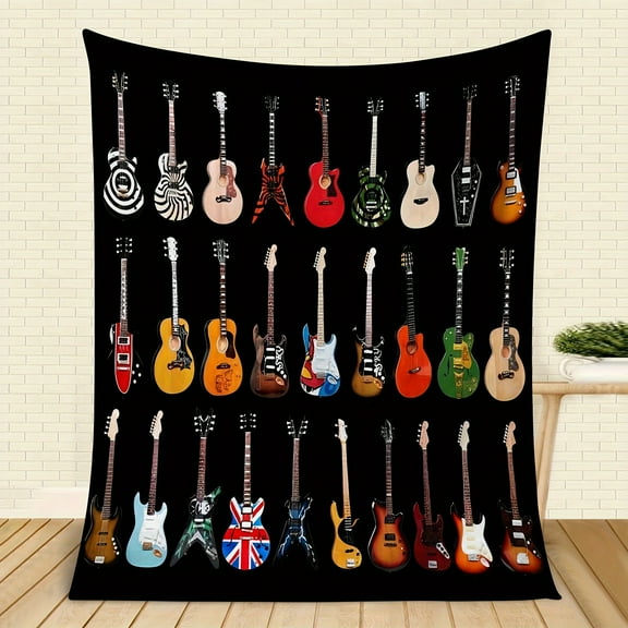 Guitar Pattern Flannel 1pc Throw Blanket - Soft Air Conditioning Blanket Gift