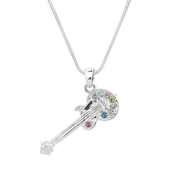 Guitar Pendant Necklace Rhinestone Crystal Rhodium Plated 17 Inch Snake Chain J0582-MT
